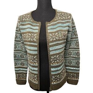 Talbots Petite Women's Green Multi Art Wool Blend Full Zip Sweater Size Small